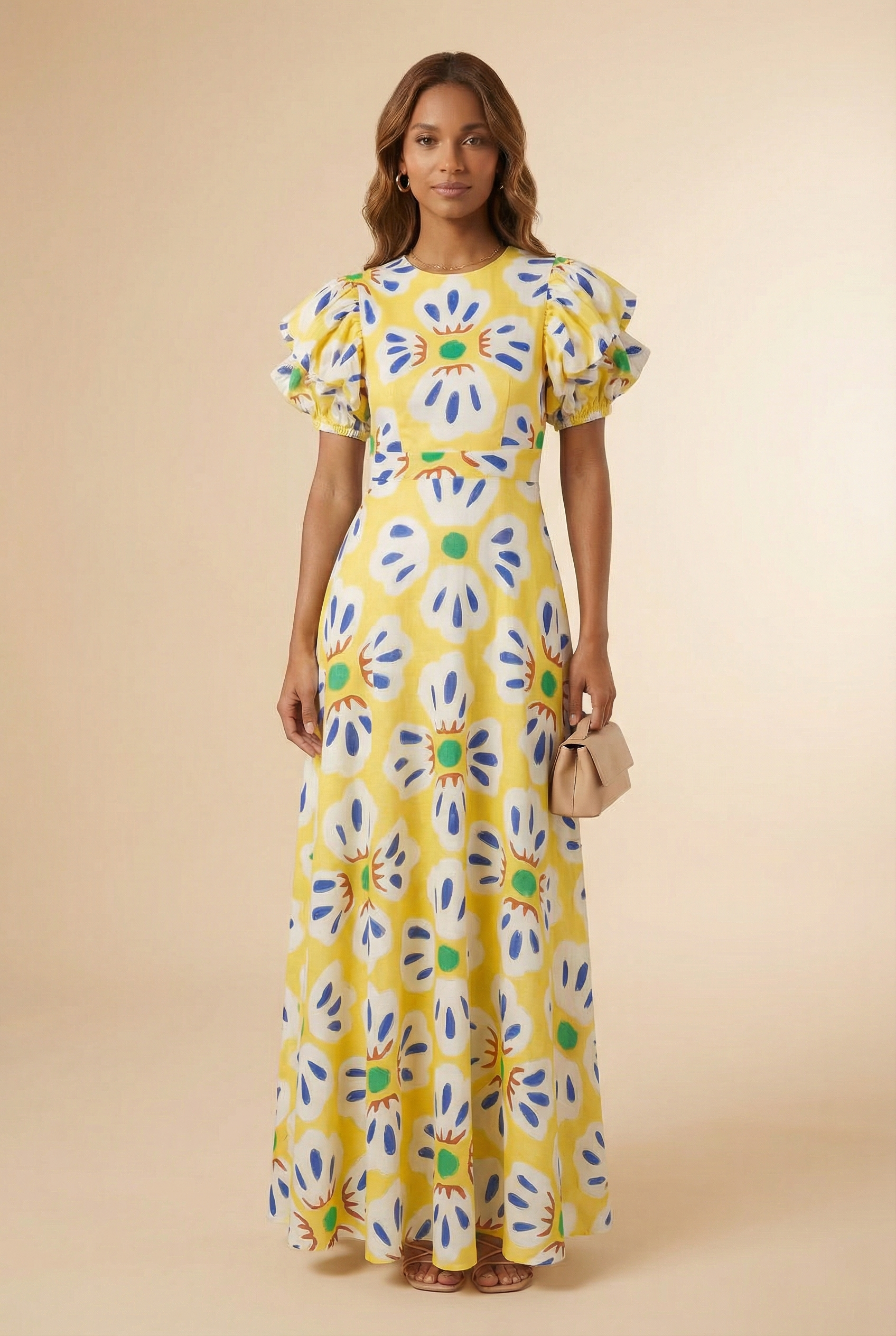 Open Back Puff Sleeved Maxi Dress