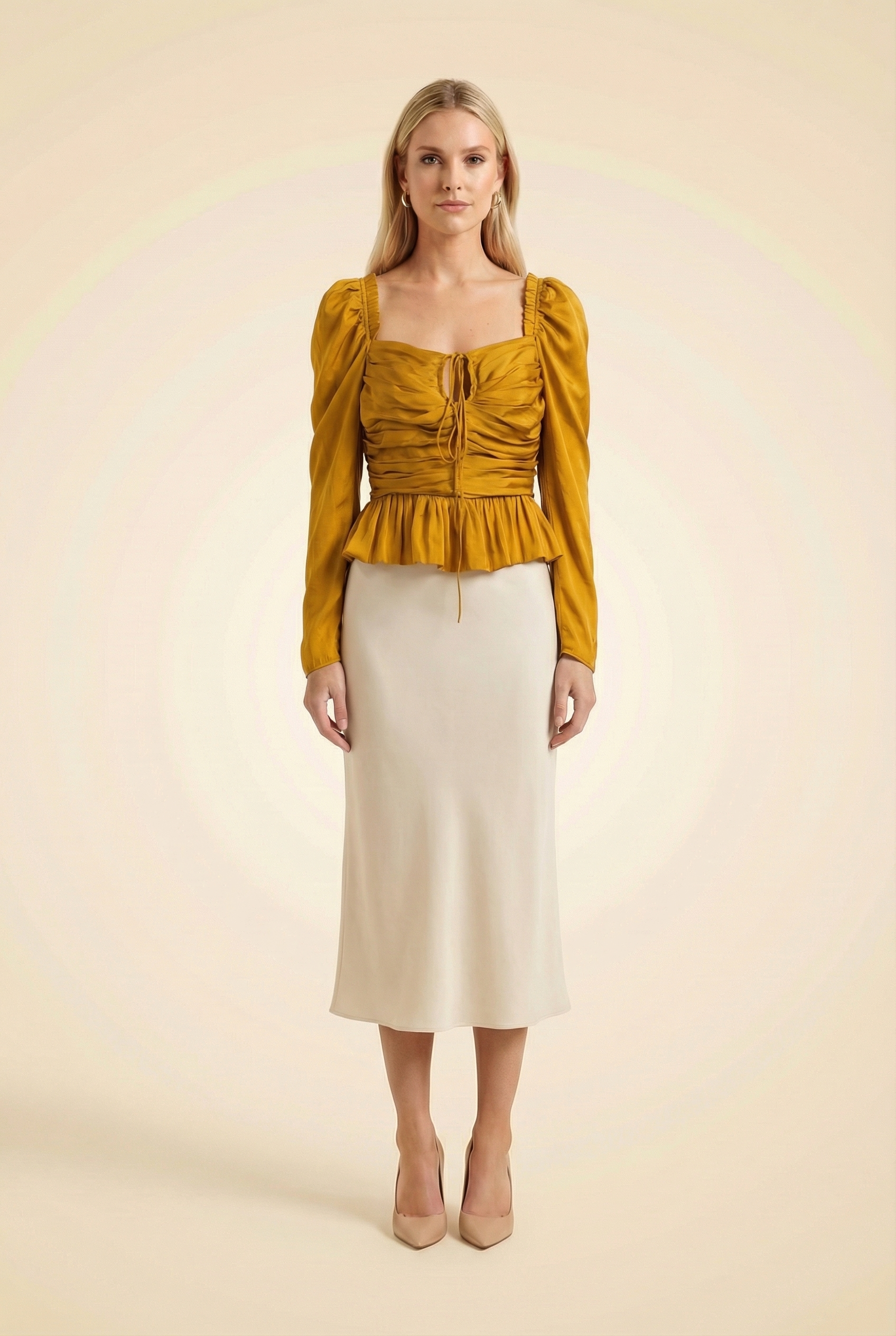 Square Neckline Long Sleeve Crop Top - model
